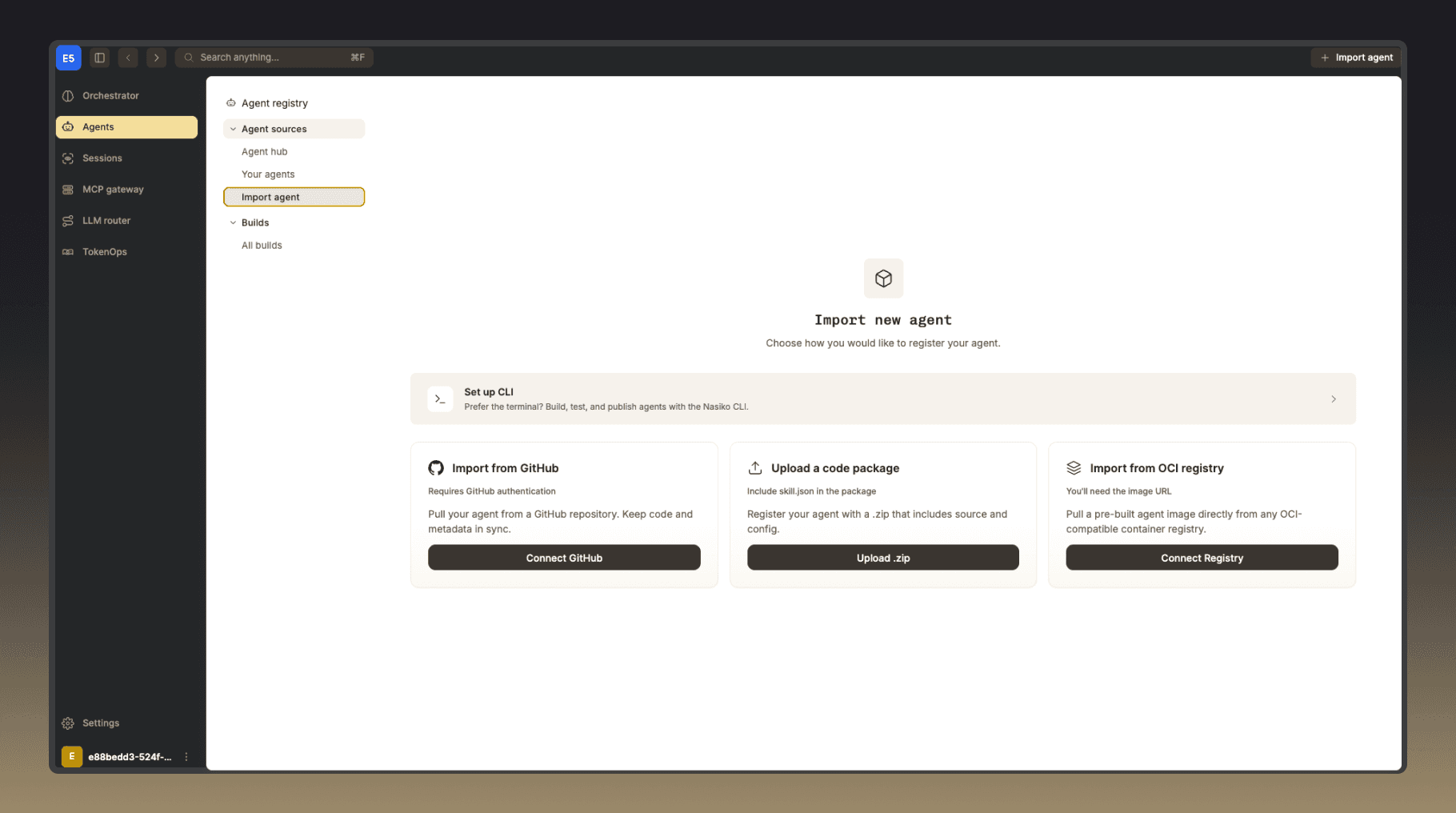 Nasiko’s Import agent screen in the agent registry, offering three ways to register an agent: import from GitHub, upload a .zip code package, or pull a pre-built image from an OCI registry.