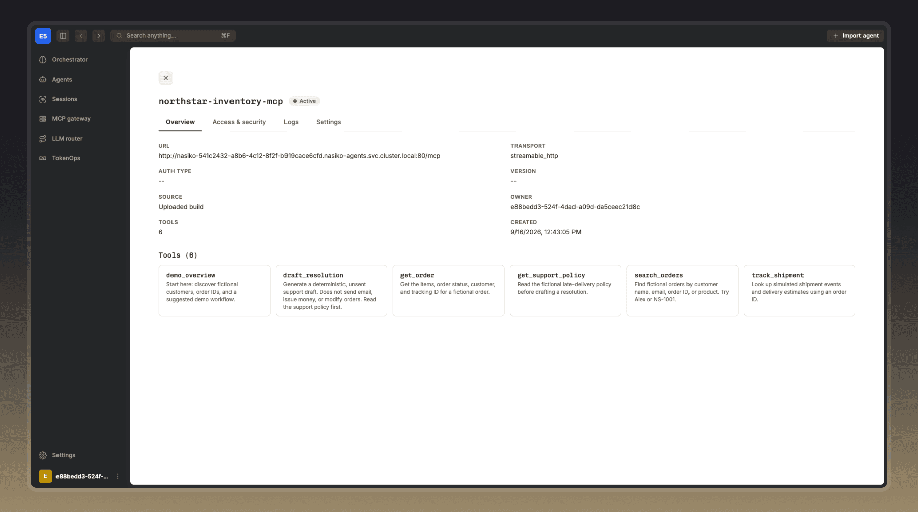 An MCP server’s detail page in Nasiko, northstar-inventory-mcp, showing its URL, transport, owner and the six tools it exposes, with Access & security, Logs and Settings tabs.