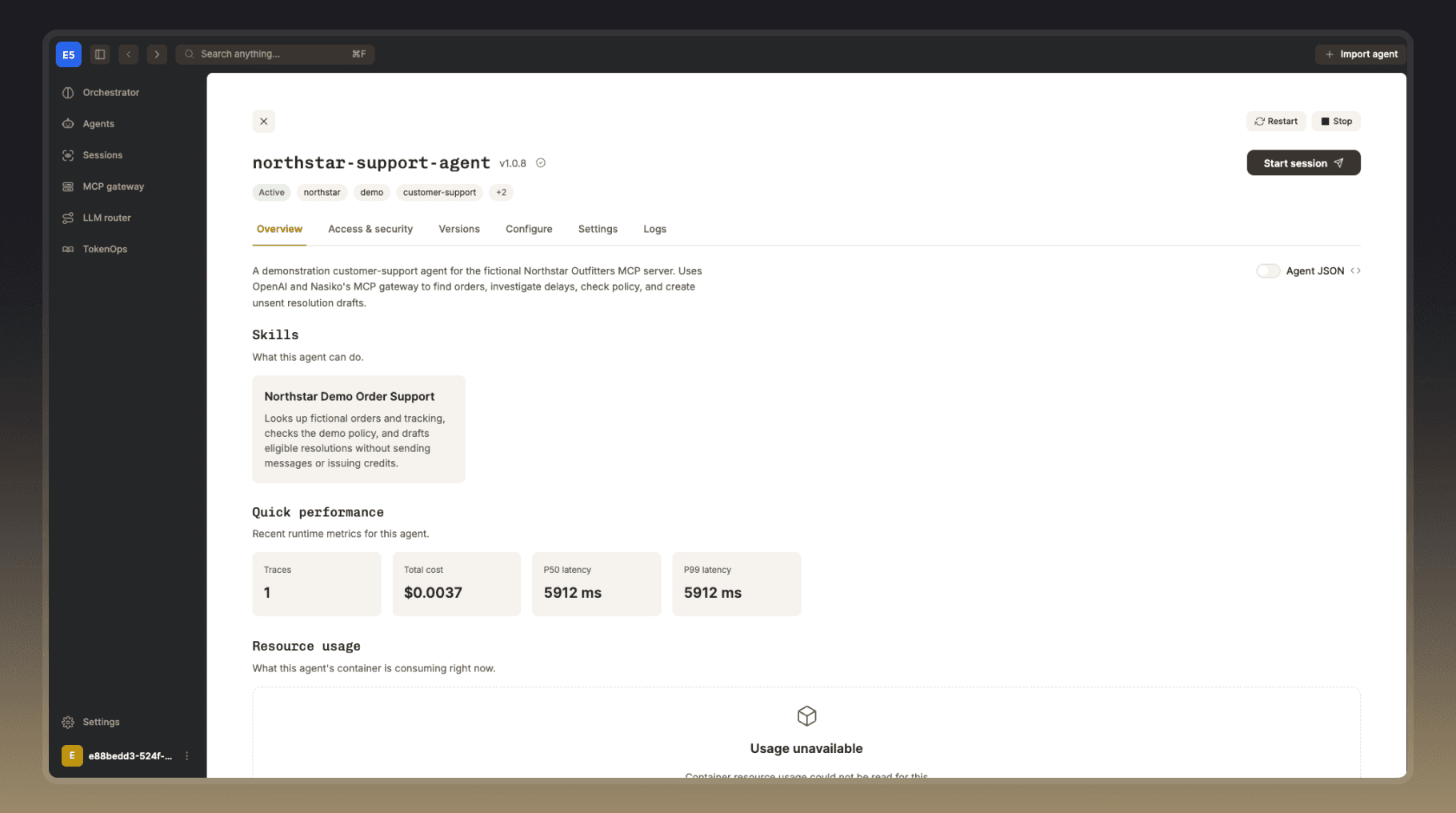 An agent’s overview page in Nasiko, northstar-support-agent v1.0.6: its description, skills, and quick-performance metrics for traces, total cost and P50/P99 latency, with resource usage beneath.