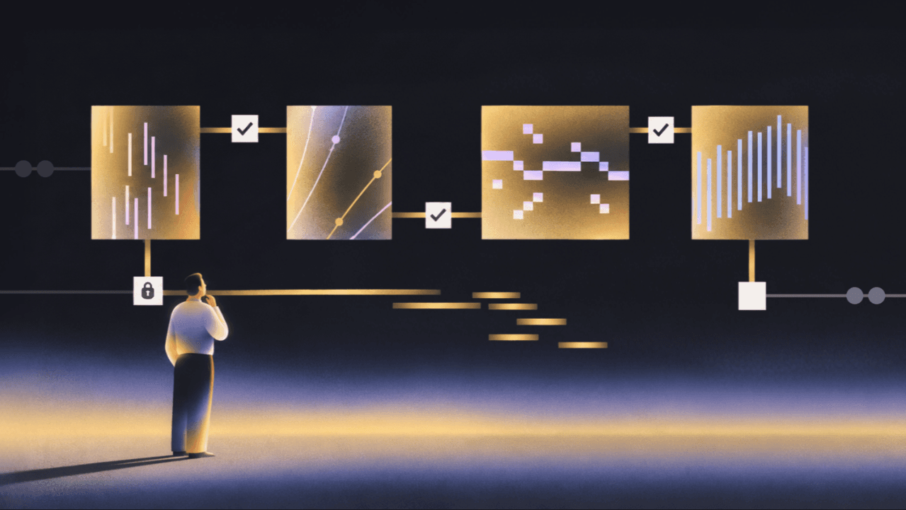 Cover art: a figure stands in the dark before a chain of four glowing gold panels linked by check marks, a padlock on the line beneath the first.