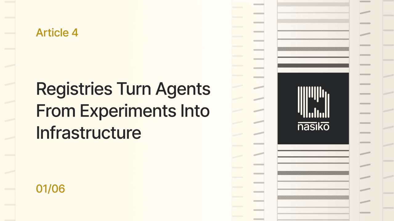 Cover card for “Registries Turn Agents From Experiments Into Infrastructure”: Article 4 in the series, a cream panel with the dark Nasiko barcode mark.