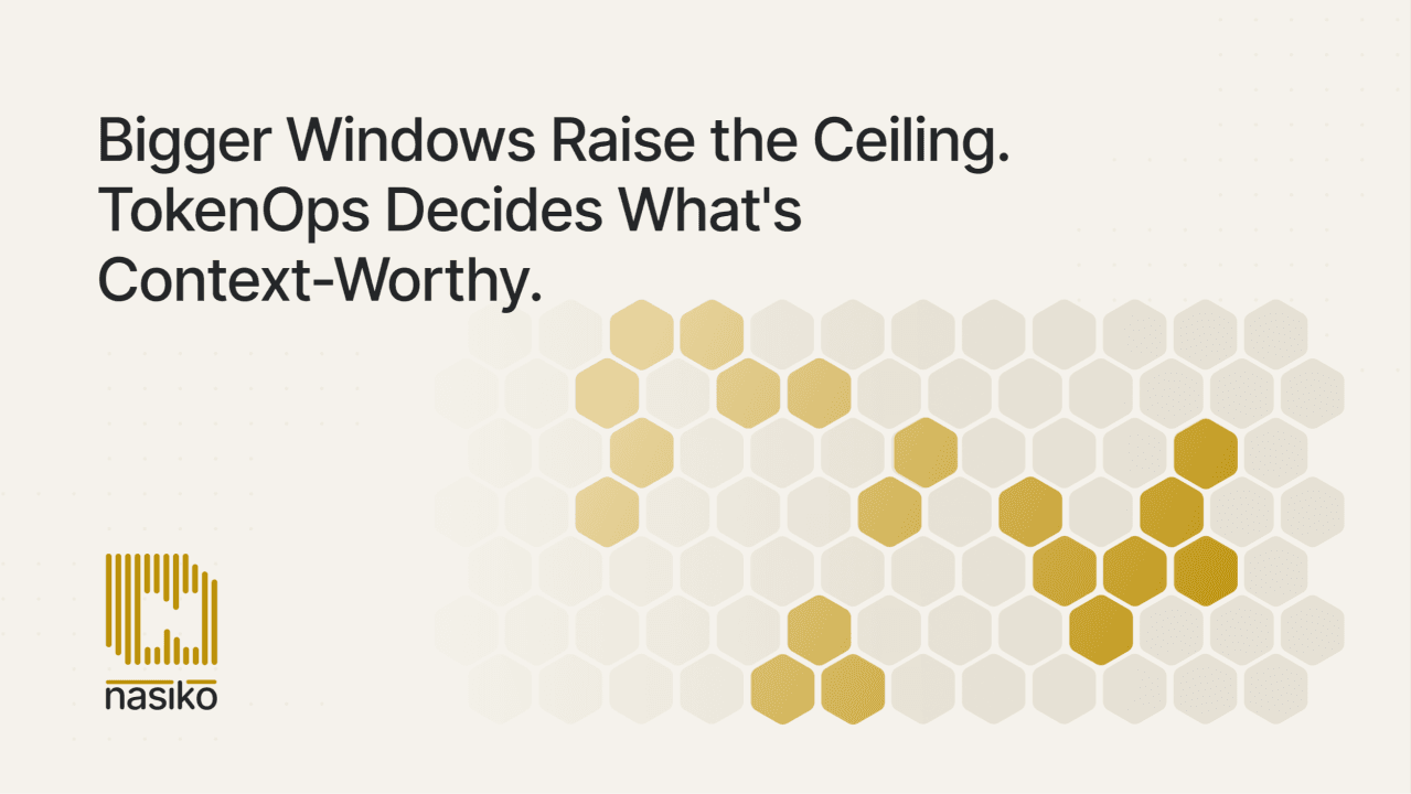 Cover art for “Bigger Windows Raise the Ceiling. TokenOps Decides What's Context-Worthy.”: a honeycomb grid with a scattering of gold cells among empty ones.