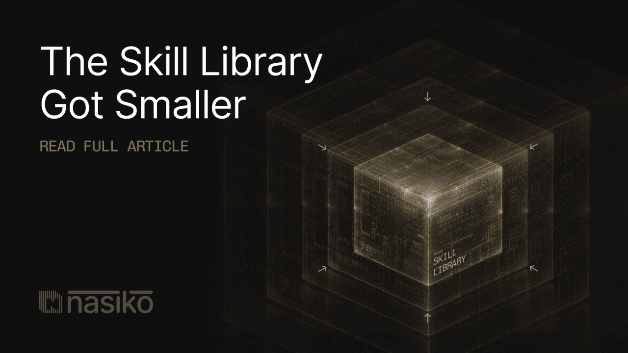 Cover art for “The Skill Library Got Smaller”: a glowing wireframe cube labelled SKILL LIBRARY, compressed inward by arrows from a larger cube around it.