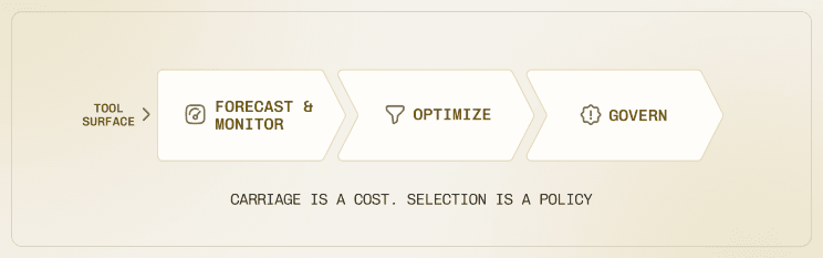 Diagram: ToolOps, the practice of forecasting, metering, and governing what each connected tool surface costs.
