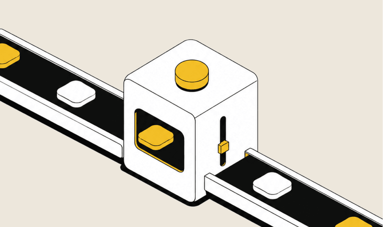 Tokens travelling a conveyor belt through a metering machine.
