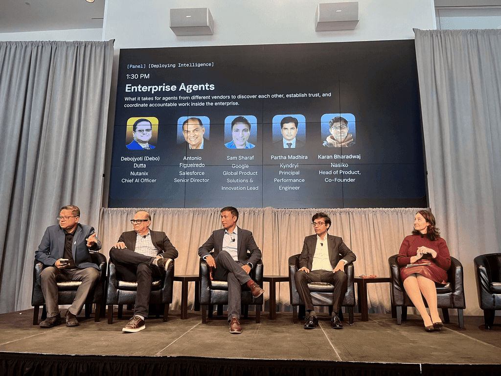 The Enterprise Agents panel at MIT Media Lab's Imagination in Action Summit, with Nasiko co-founder Karan Bharadwaj among five speakers on stage.